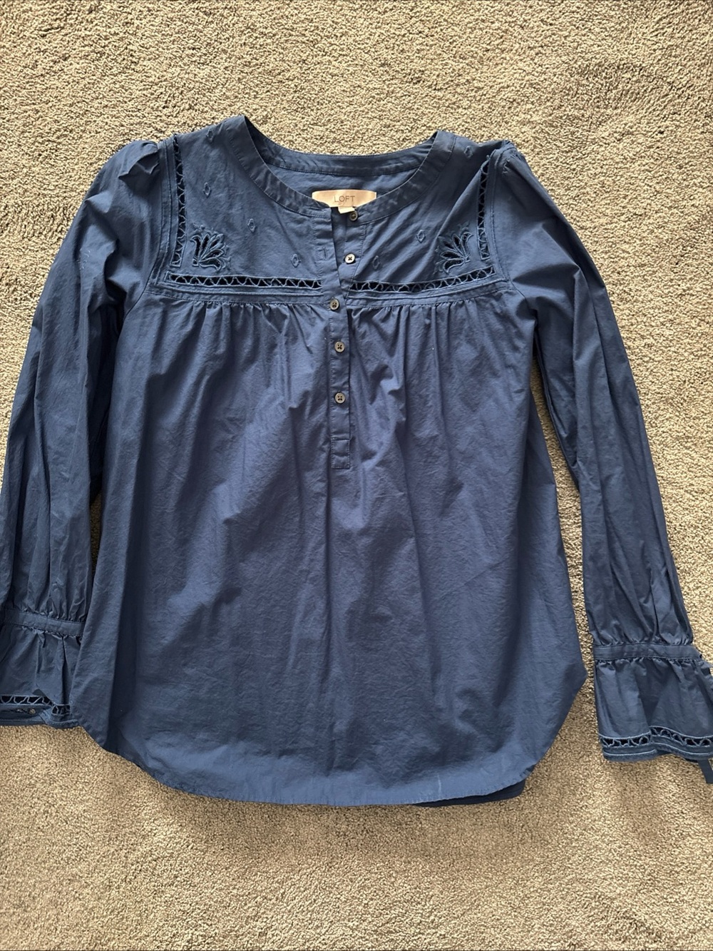 LOFT Navy Button-Front Top with Embroidered Detail